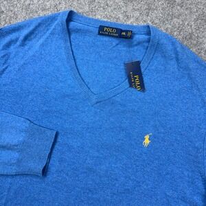 Polo Ralph Lauren Sweater Mens 2XL Blue 100% Merino Wool V Neck Pullover NEW